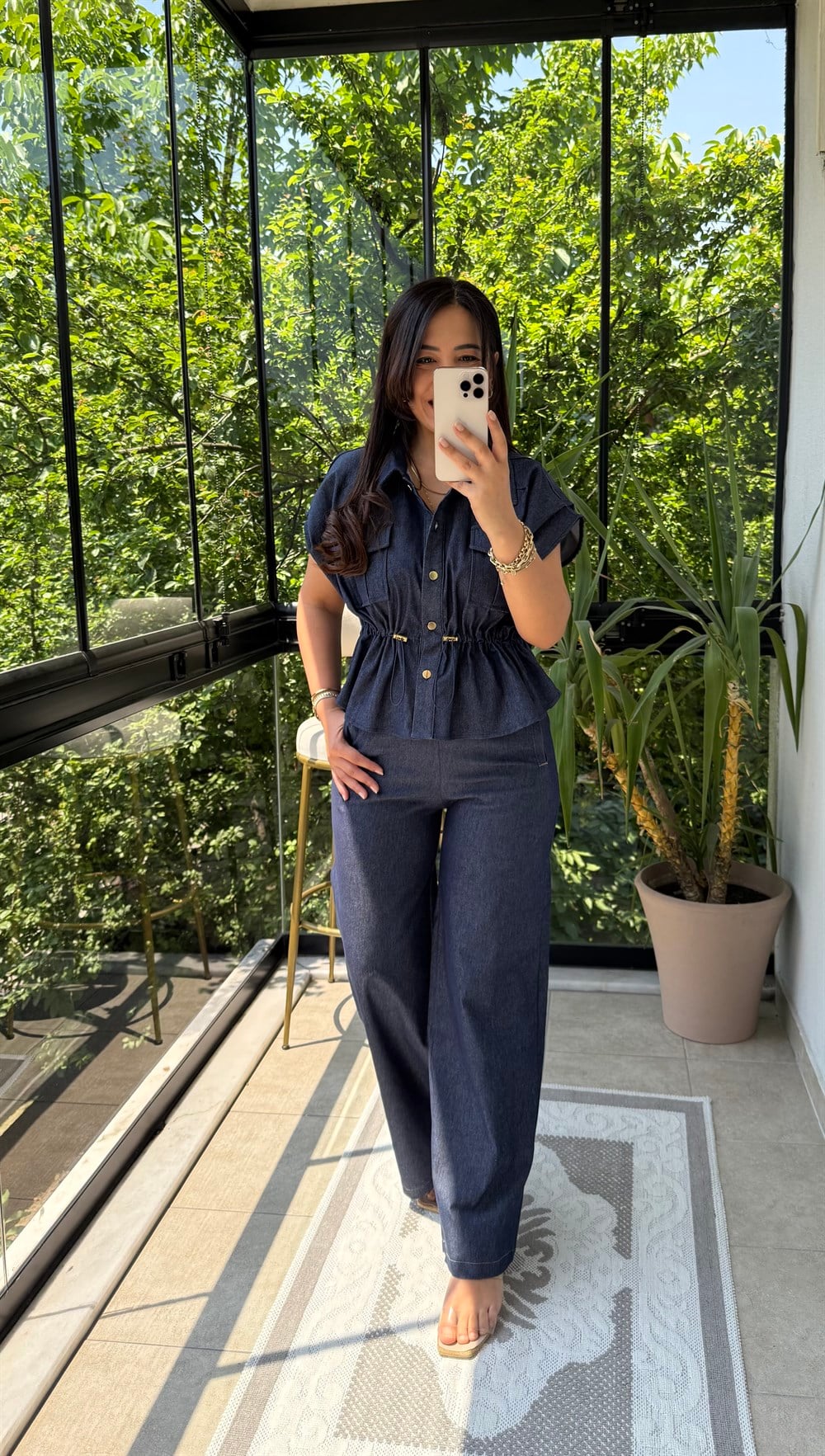 Gold Düğme Denim Gömlek Mavi
