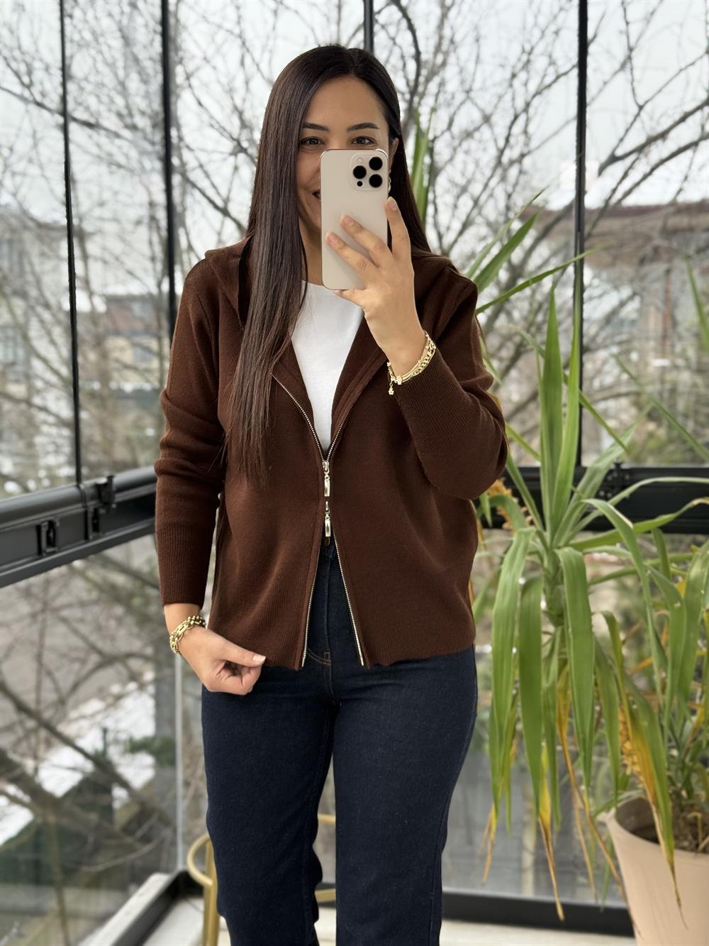 Çift Fermuarlı Kapüşonlu Yumoş Basic Hırka Kahve