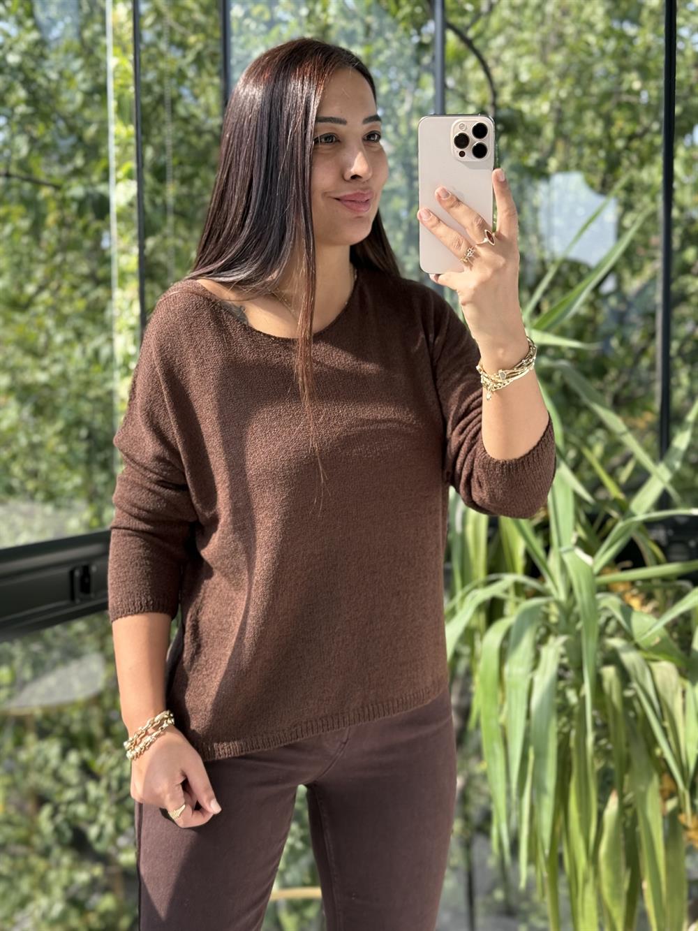 Kayık Yaka İnce Triko Kahve