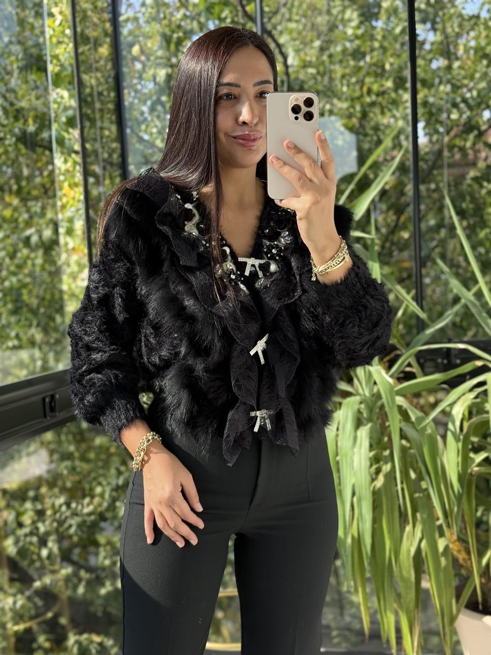 İthal Güllü İncili Hırka Siyah