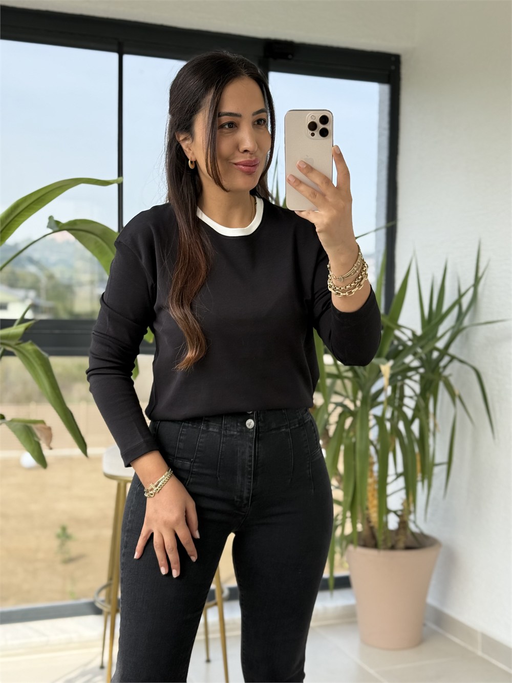 Yakası Biyeli Sweat Bluz Siyah