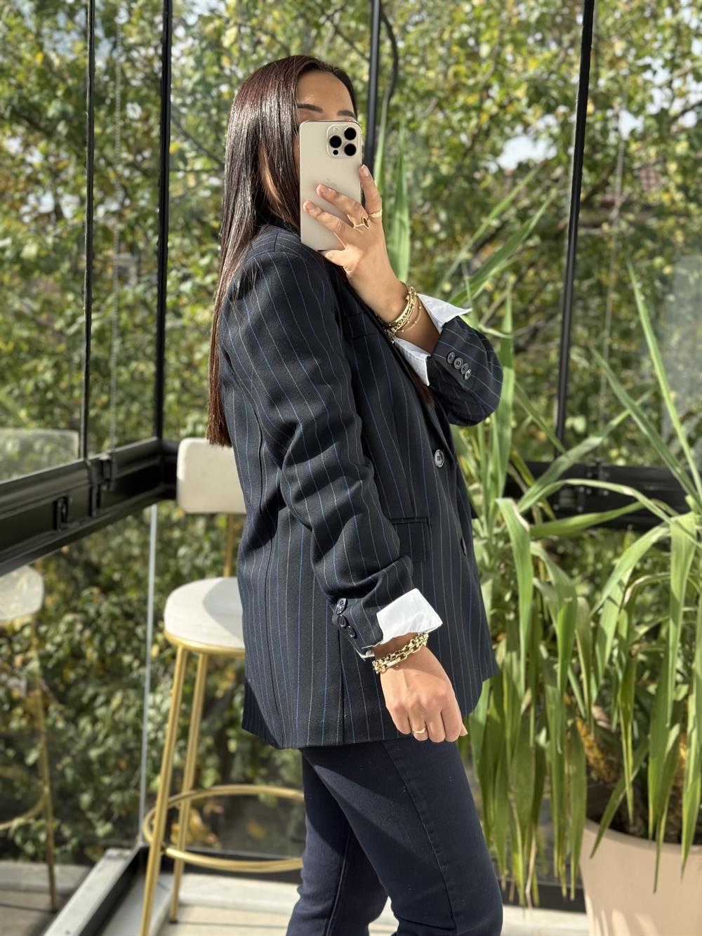 İki Düğmeli Çizgili Yün Blazer Ceket Lacivert