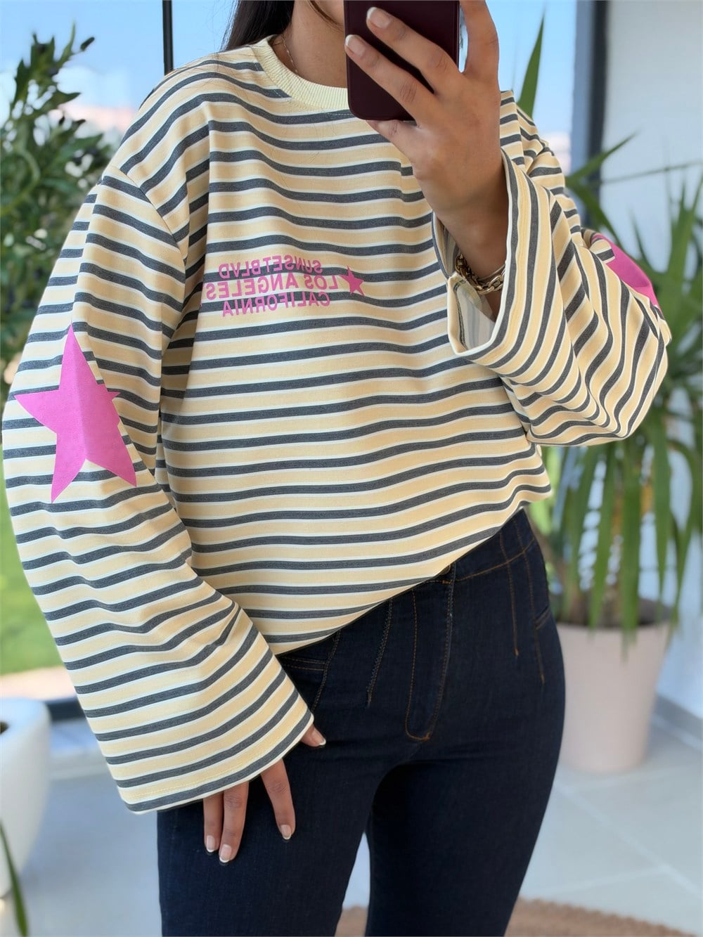 Sunset Çizgili Sweatshirt Sarı