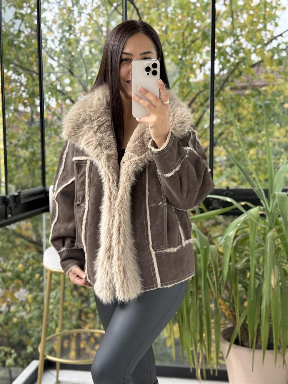 Kürk Detaylı Nubuk Mont Koyu Kahve