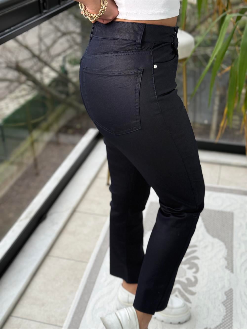 Deri Mum Kaplama Kesik Paça Jean Lacivert