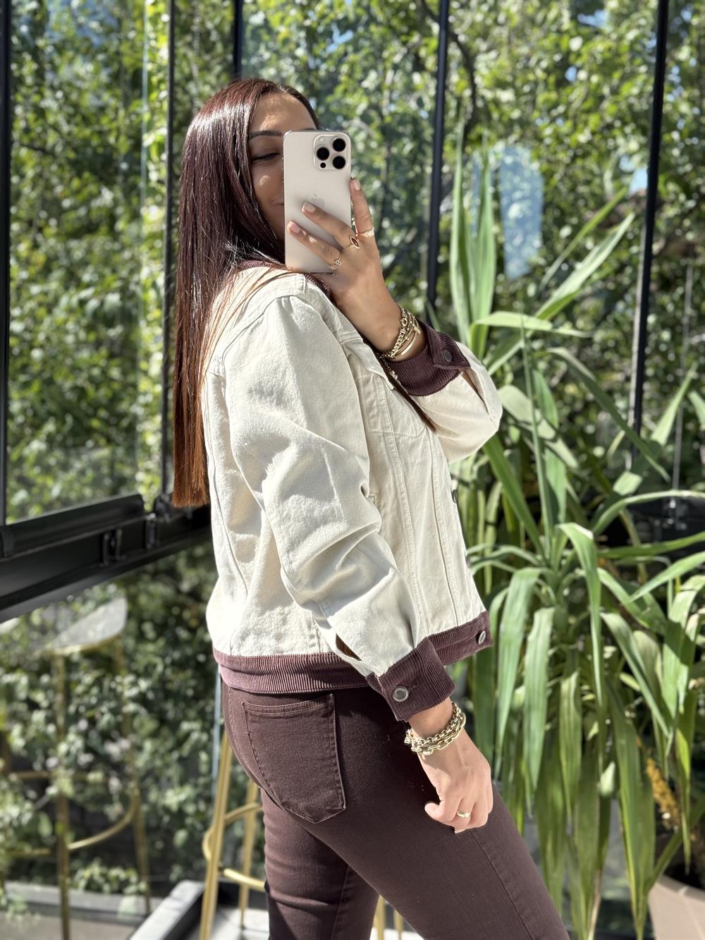 Kadife Detaylı Klasik Kot Ceket Taş