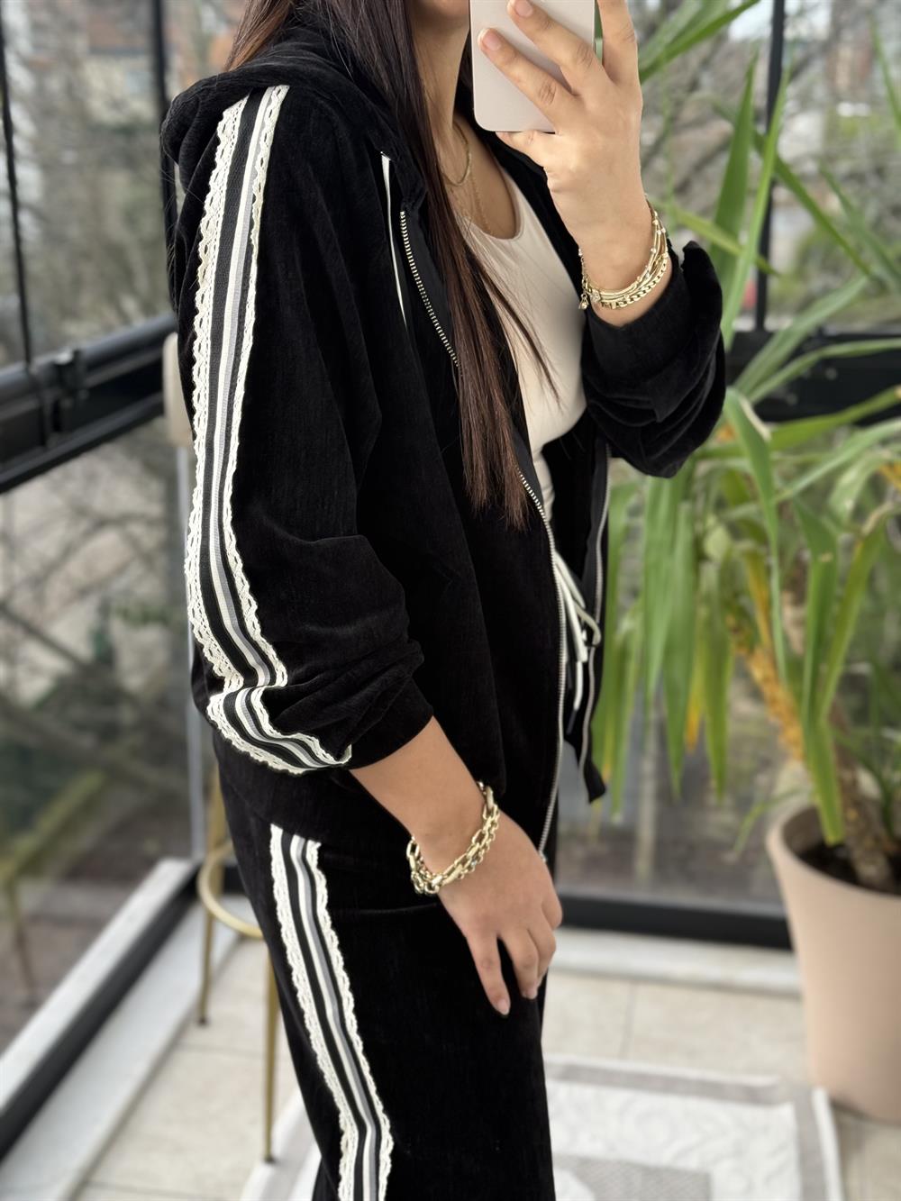 Dokuma Şeritli Şönil Takım Siyah