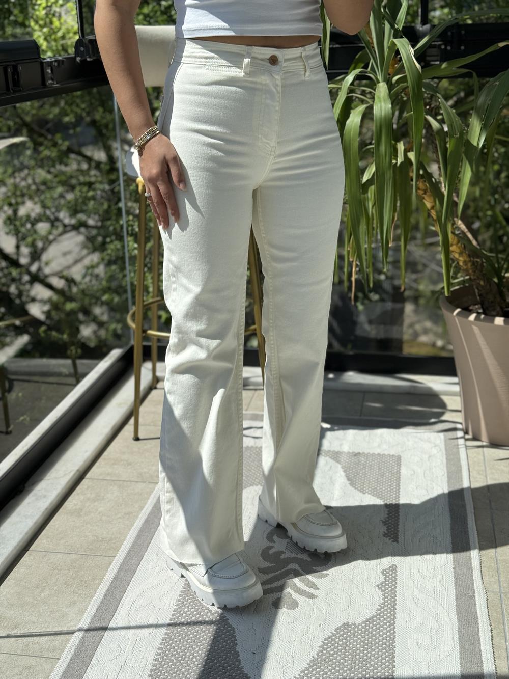 Dekoratif Cep Detaylı Palazzo Kot Pantolon Krem