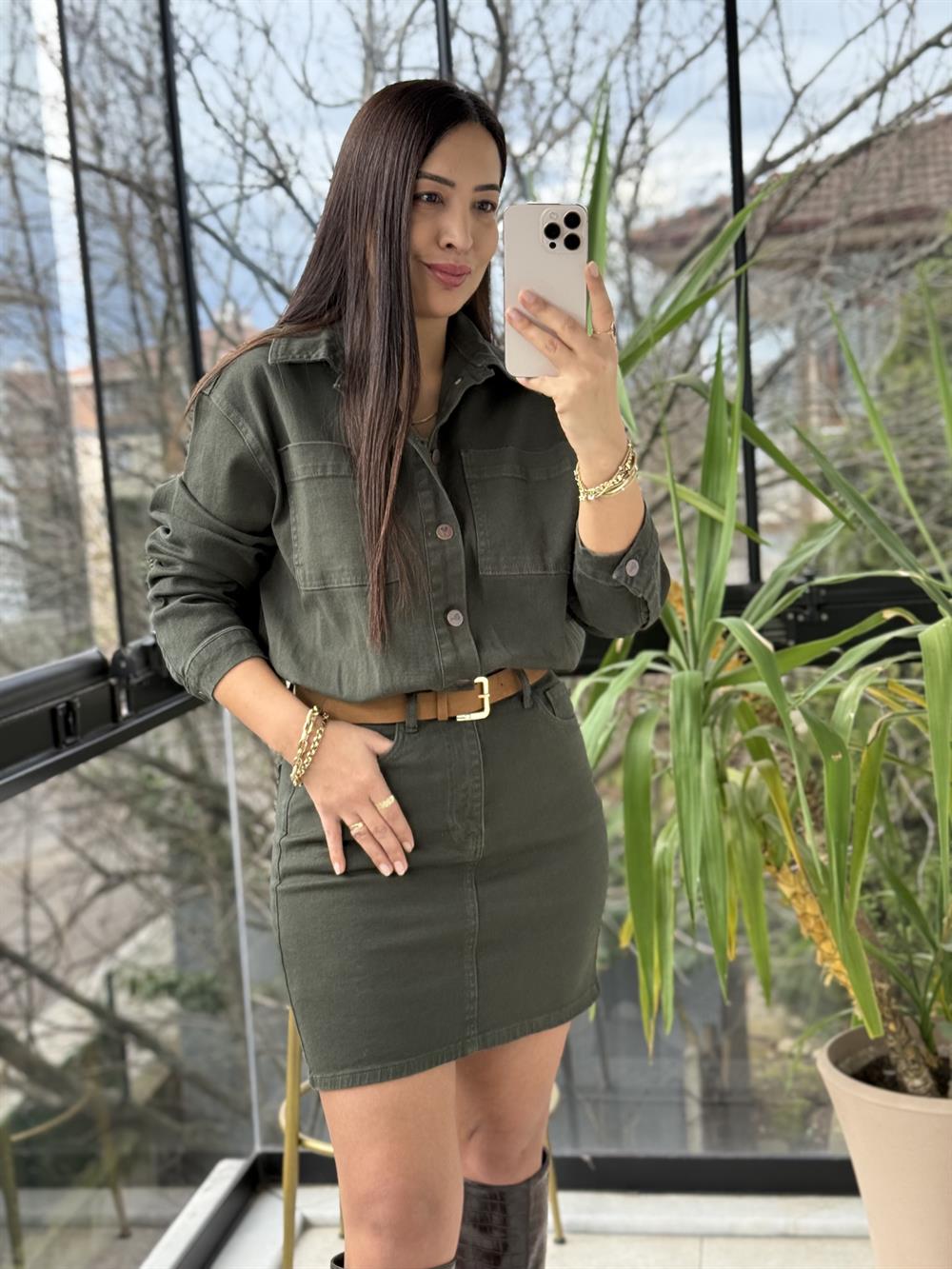 Düğmeli Mini Kot Elbise Haki Yeşili