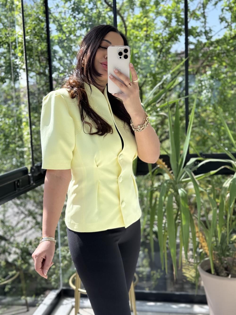 Pileli 3 Düğme Kısa Kol Ceket Sarı