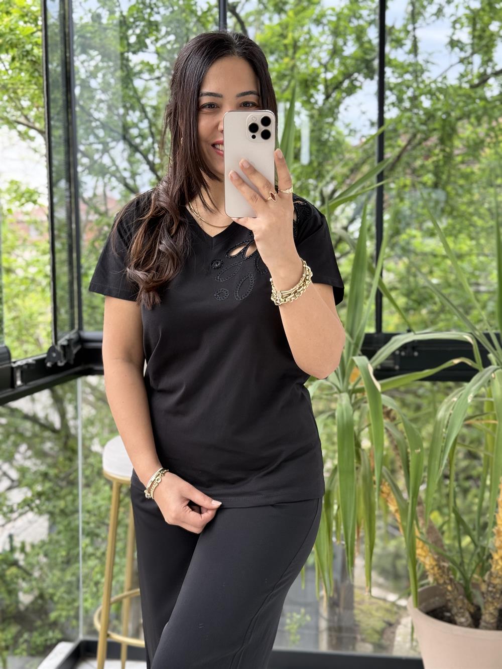 Tek Omzu Lazerli Boncuklu Siyah