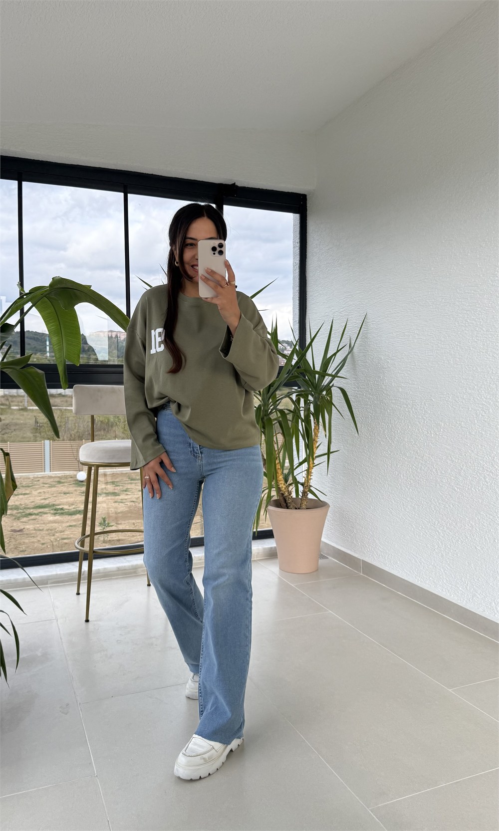 91 Baskılı Basic Sweatshirt Haki Yeşili