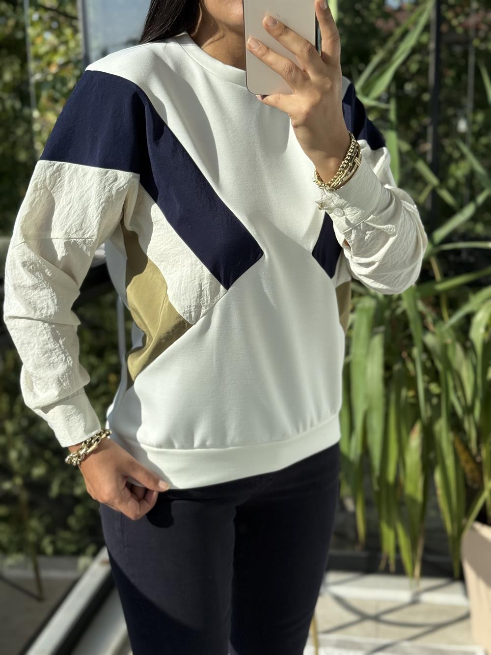 Gömlek Kol Mix Sweatshirt Beyaz