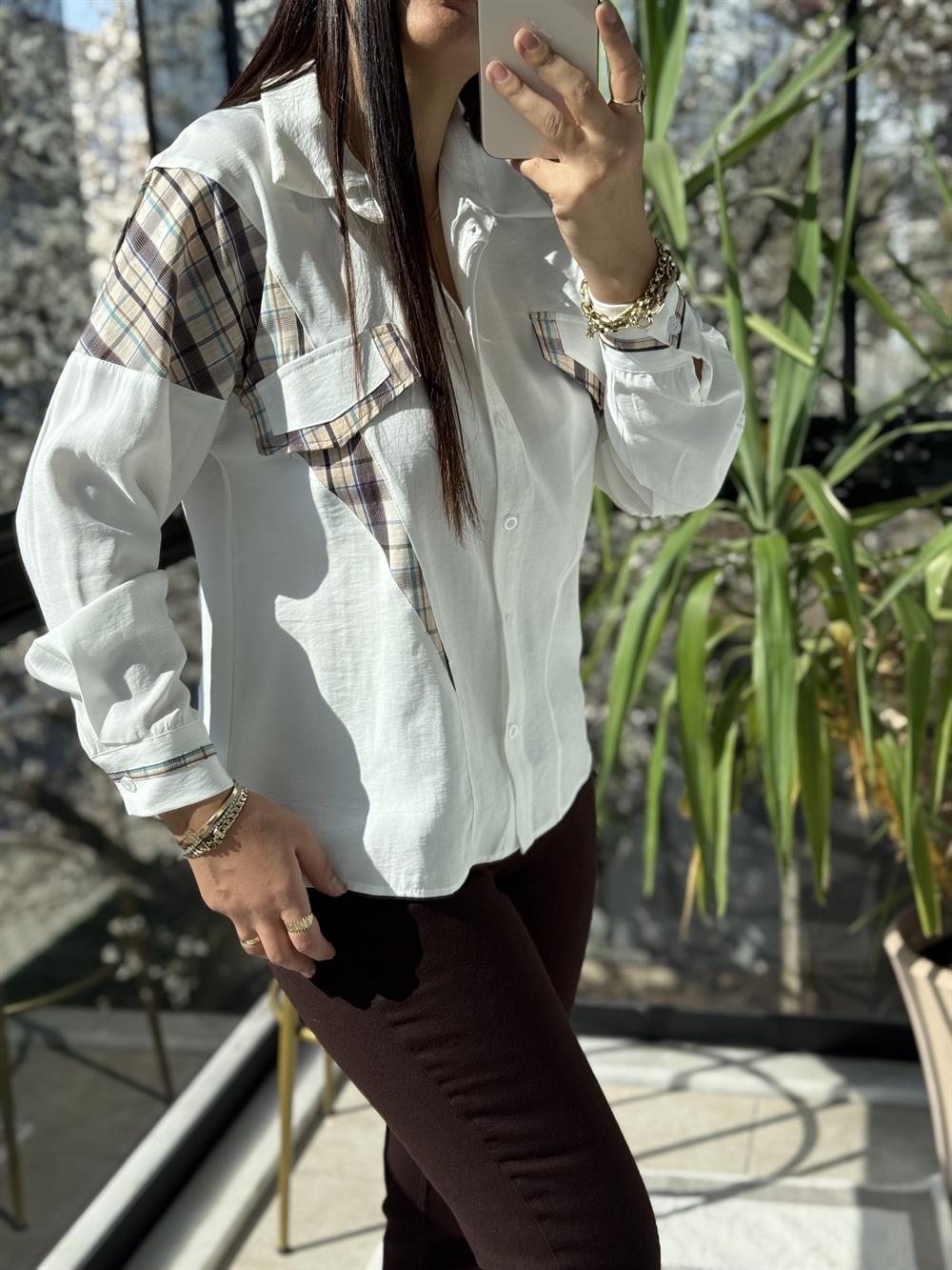 Ekose Garnili Gömlek Ekru