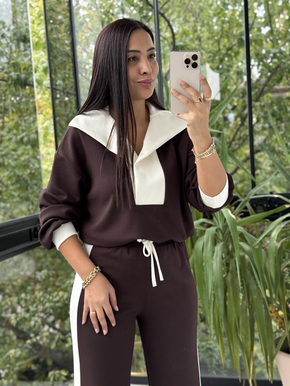 Şal Yakalı Modal Takım Kahve