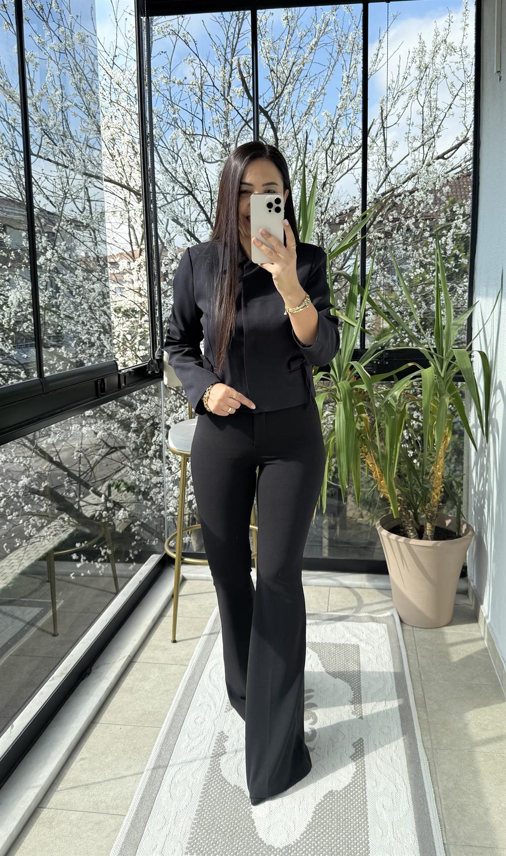 Uzun Kol Fiyonklu Blazer Ceket Siyah