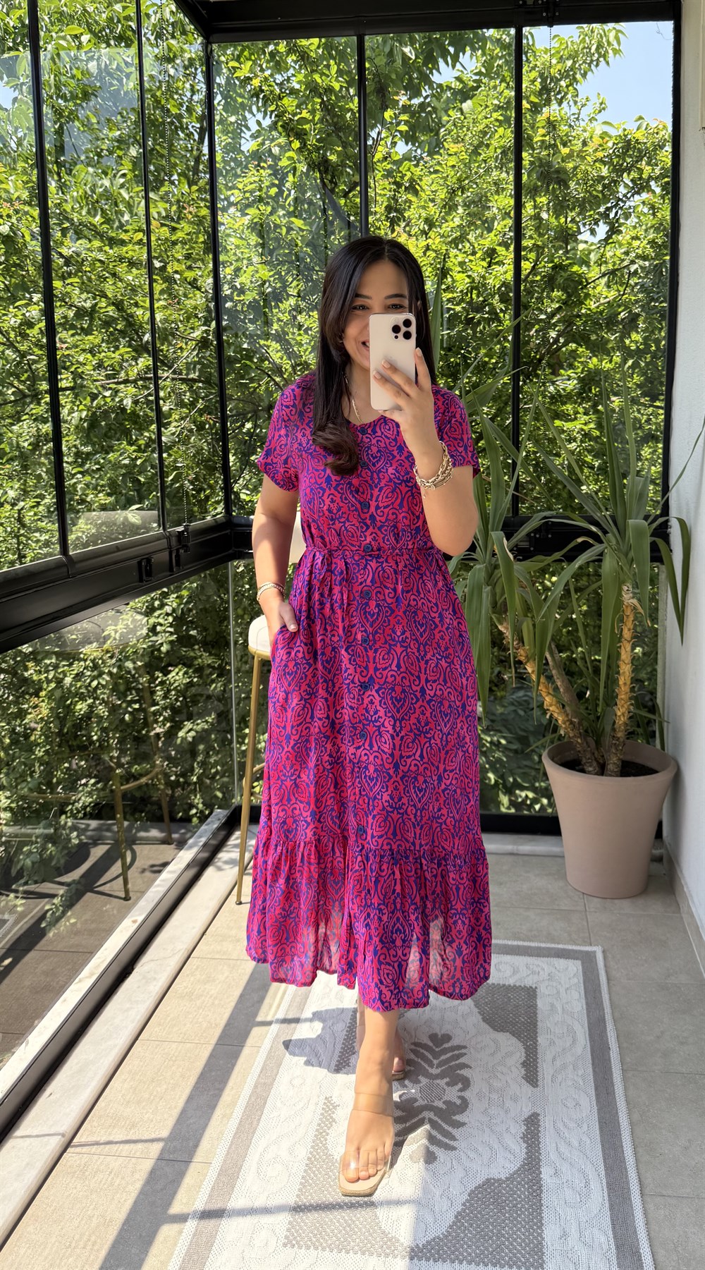 Viskon Düğmeli Elbise Pembe