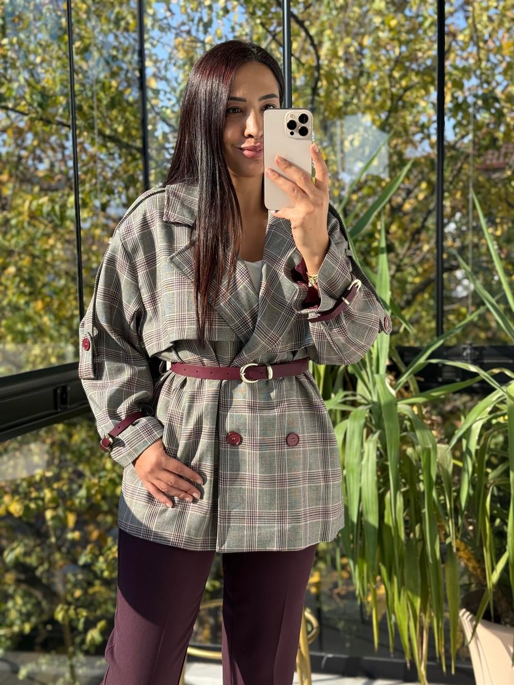 Ekose Kemerli Trenç Bordo