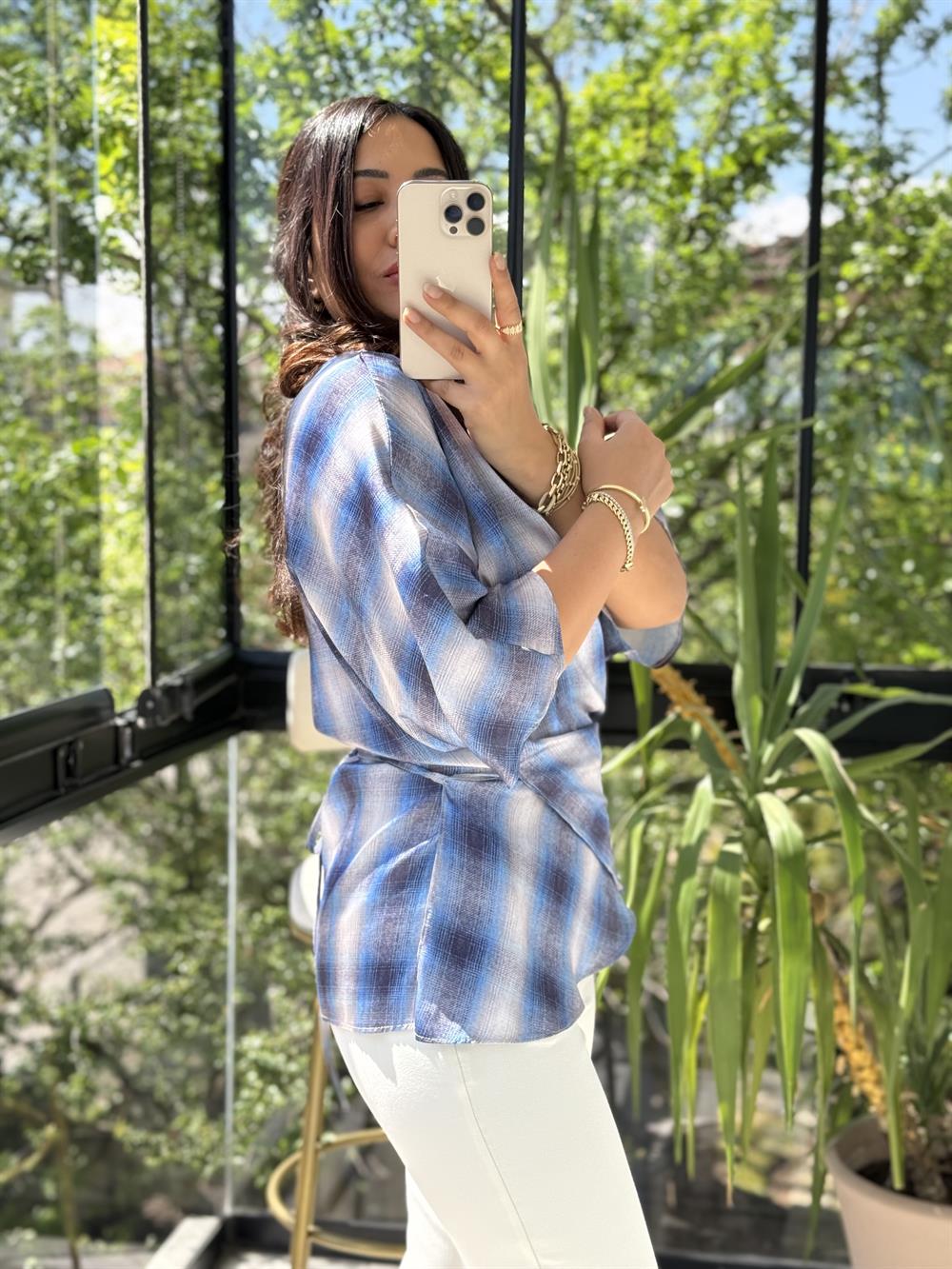 Bağcıklı Ekose Saten Bluz Mavi