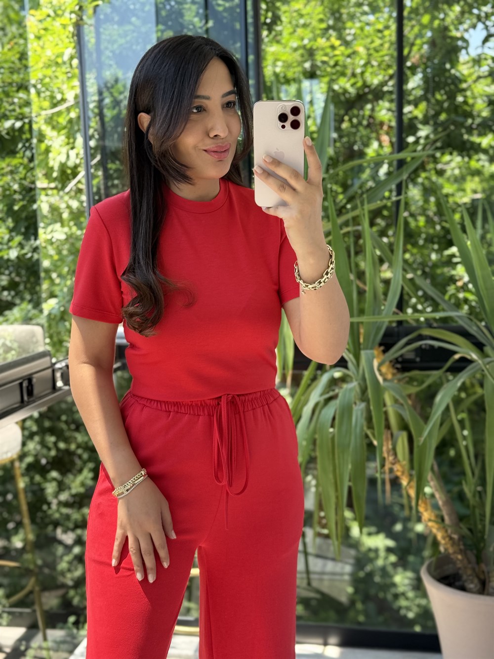 Bisiklet Yaka Crop Tişört Kırmızı