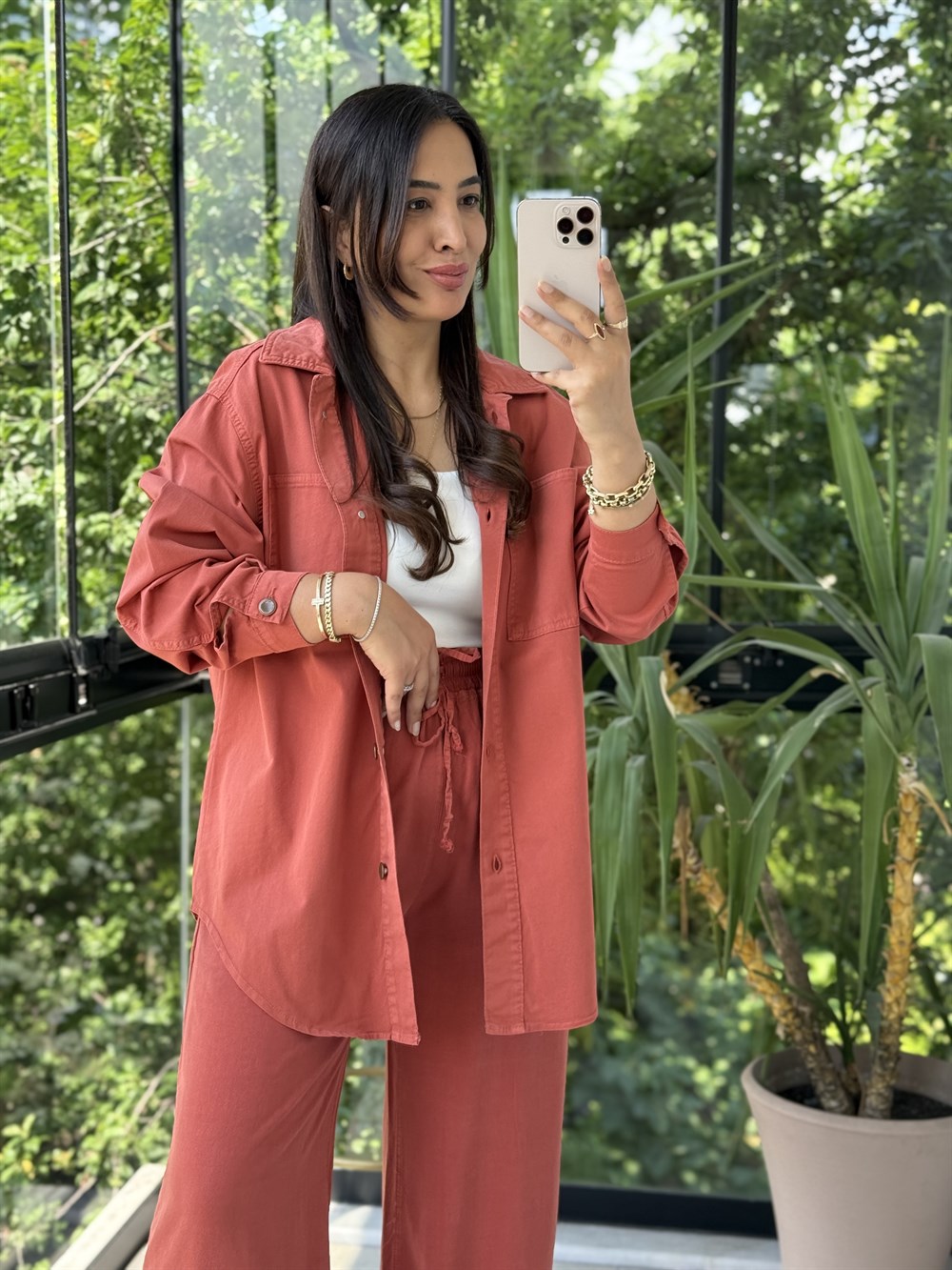 Düğmeli Oversize Gömlek Kiremit
