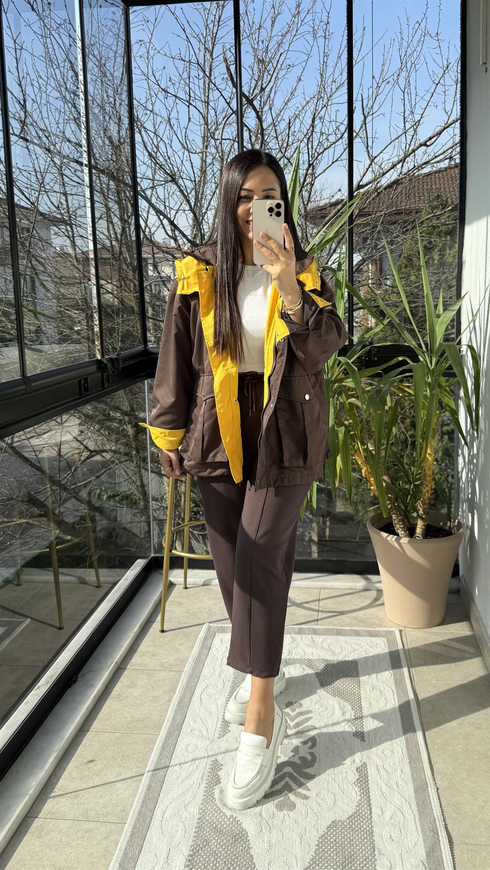 Kontrast Kapüşonlu Yağmurluk Kahve