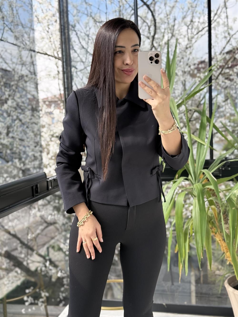 Uzun Kol Fiyonklu Blazer Ceket Siyah