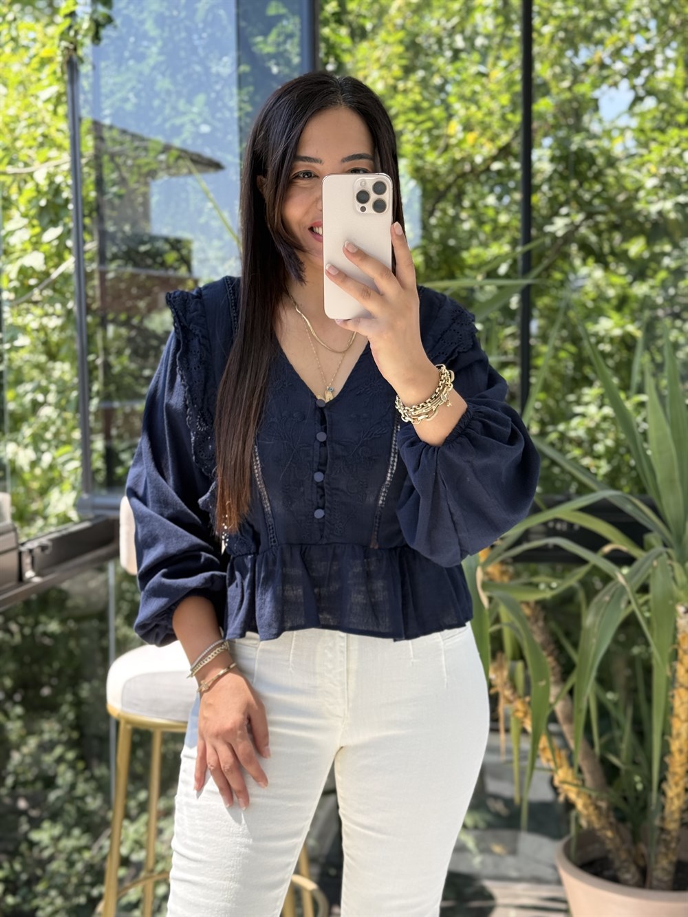 Keten Fırfırlı Bluz Lacivert 