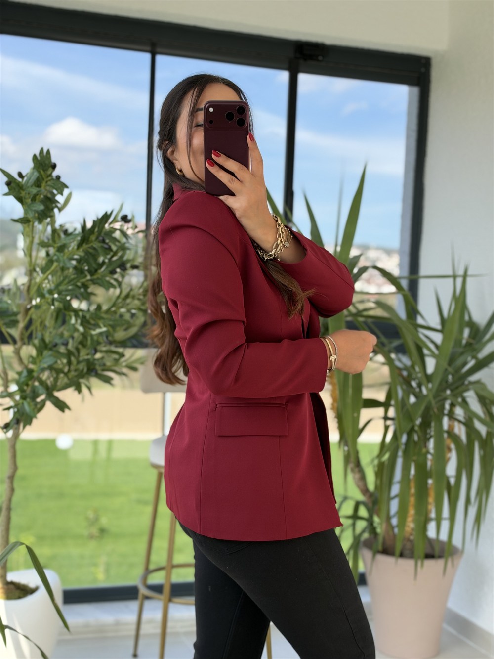 Tek Düğme Blazer Ceket Bordo