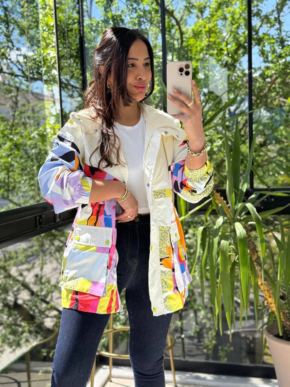 Desen Parçalı Yağmurluk Lila