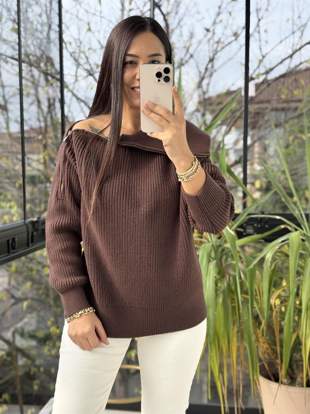 Yandan Fermuarlı Geniş Yaka triko Kazak Kahve