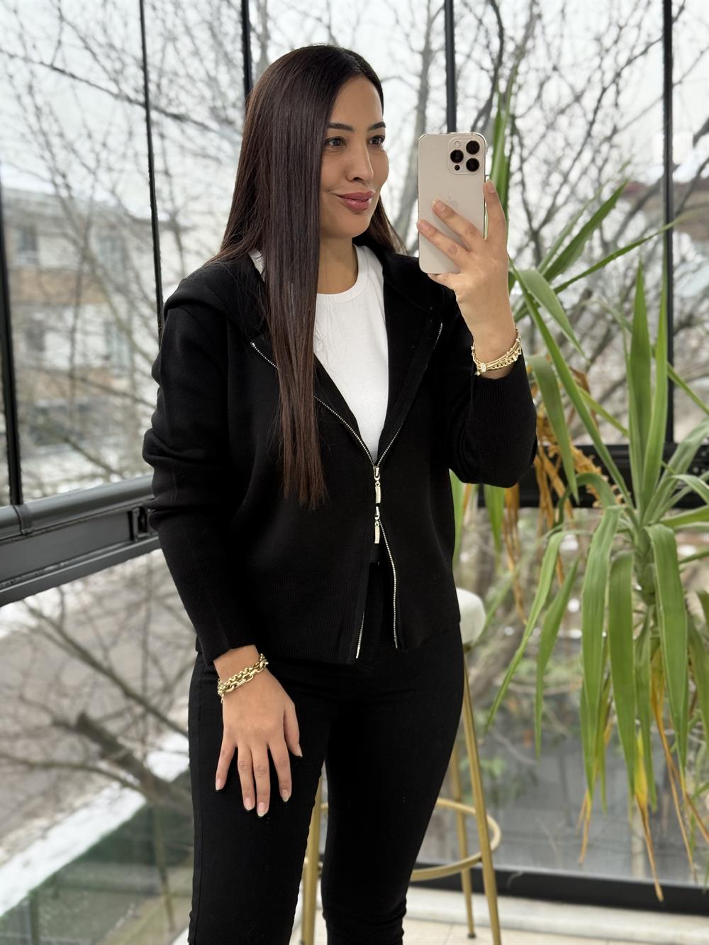 Çift Fermuarlı Kapüşonlu Yumoş Basic Hırka Siyah