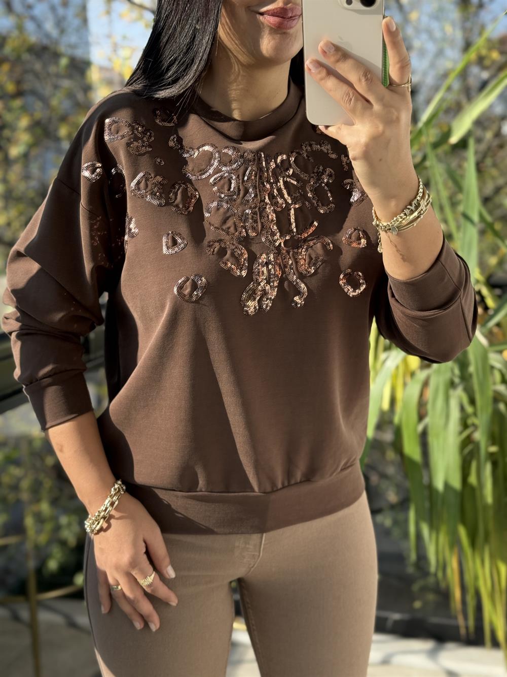 Payetli Modal Sweatshirt Kahve