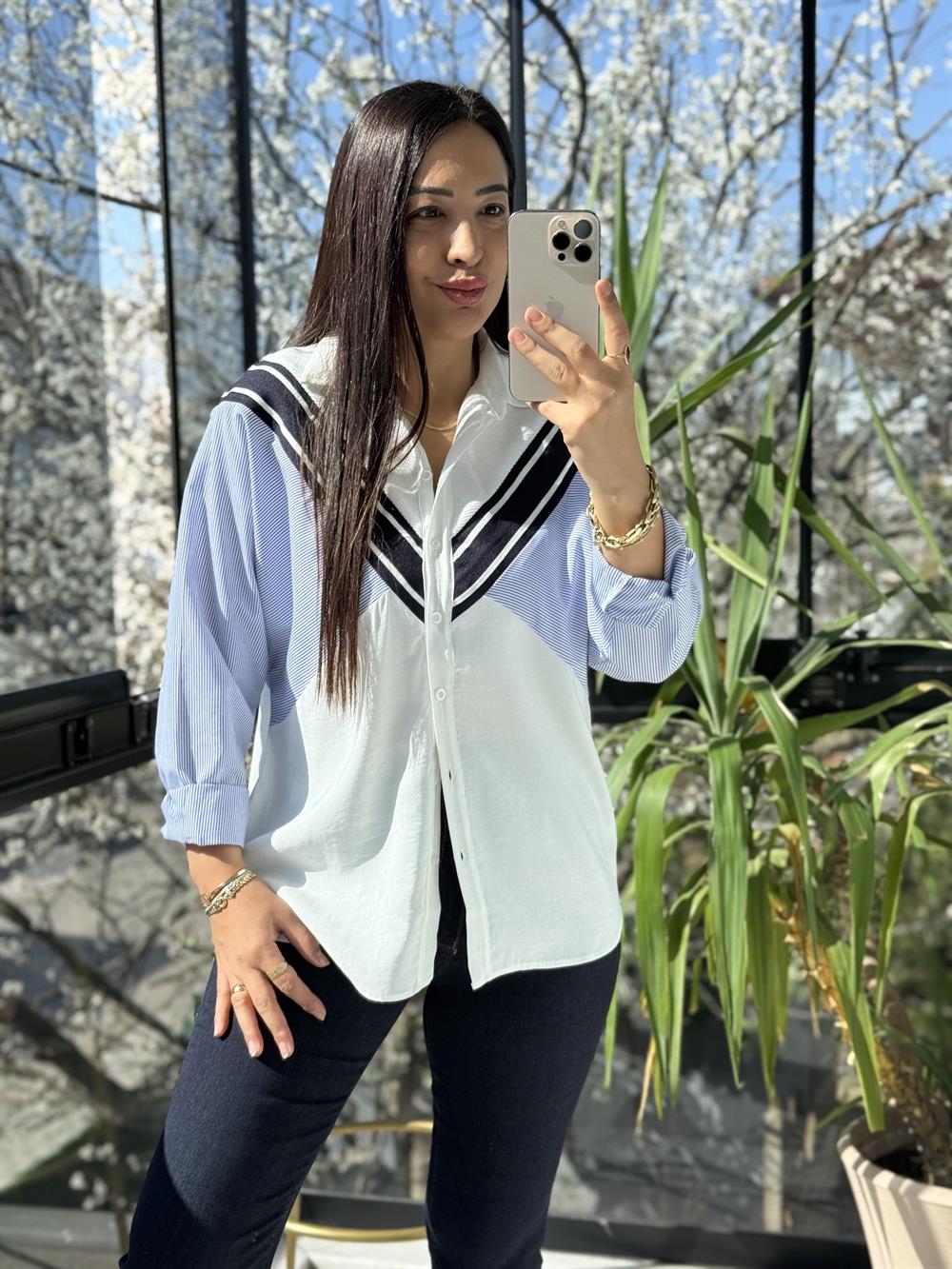 Örme Mix Yarasa Gömlek Beyaz