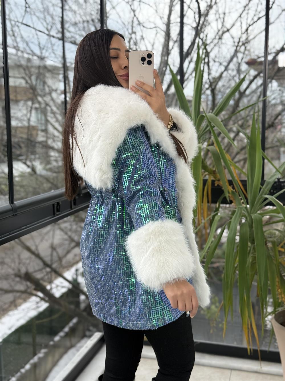 İthal Full payetli Kürk Mavi