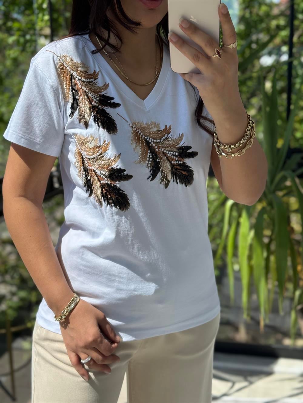 Omuz Tül Detaylı Boncuklu Tişört Beyaz