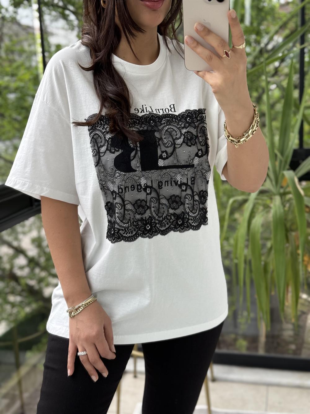 Tül Detaylı Yazılı Tişört Beyaz