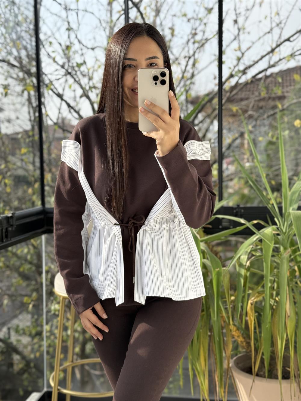 Parçalı Yanı Bağcıklı Sweatshirt Kahve