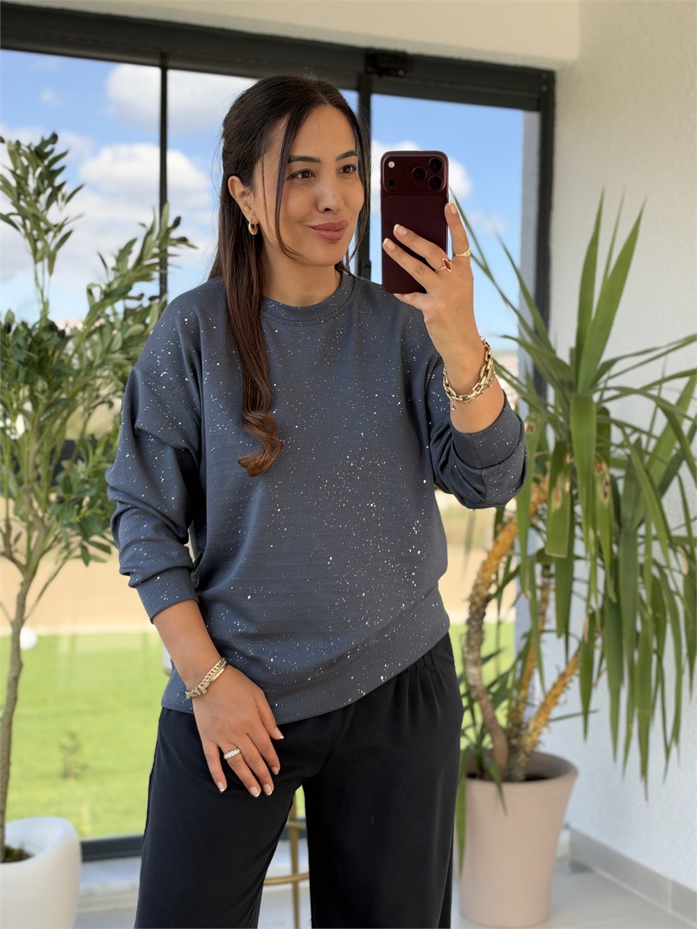 Simli Oysh Sweatshirt İndigo Mavi