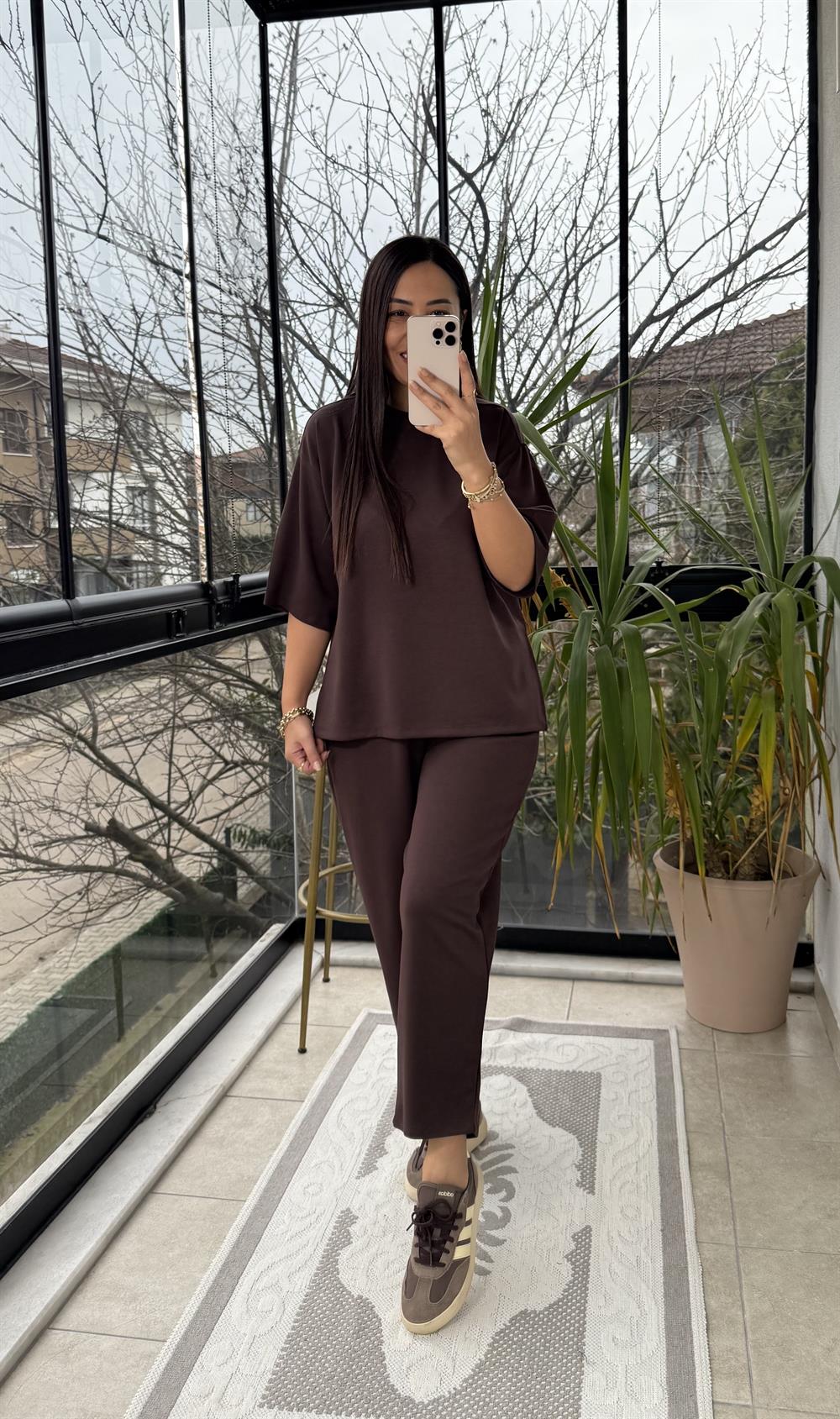 Modal Tişörtlü Basic Takım Kahve