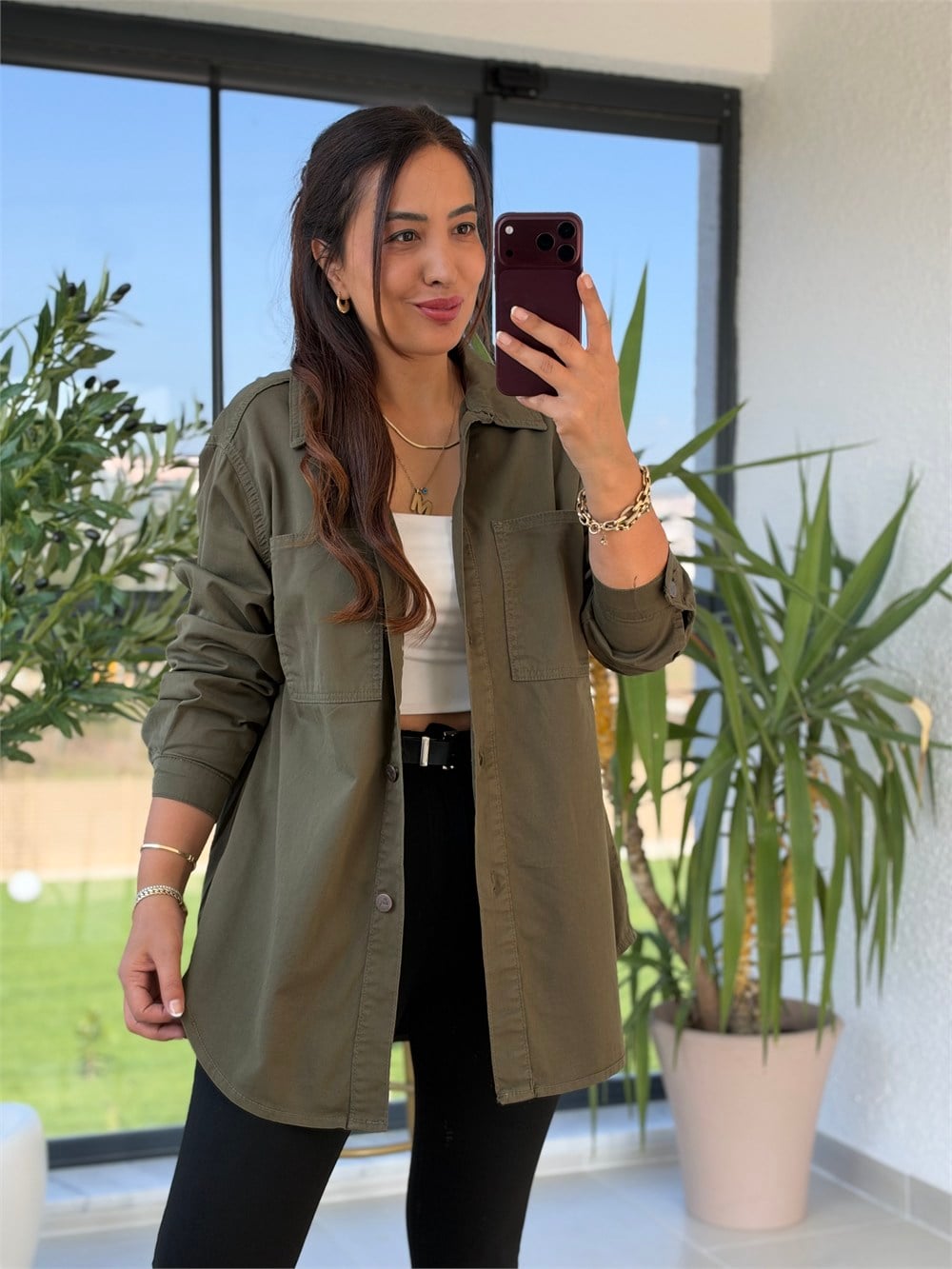 Düğmeli Oversize Gömlek Haki Yeşili