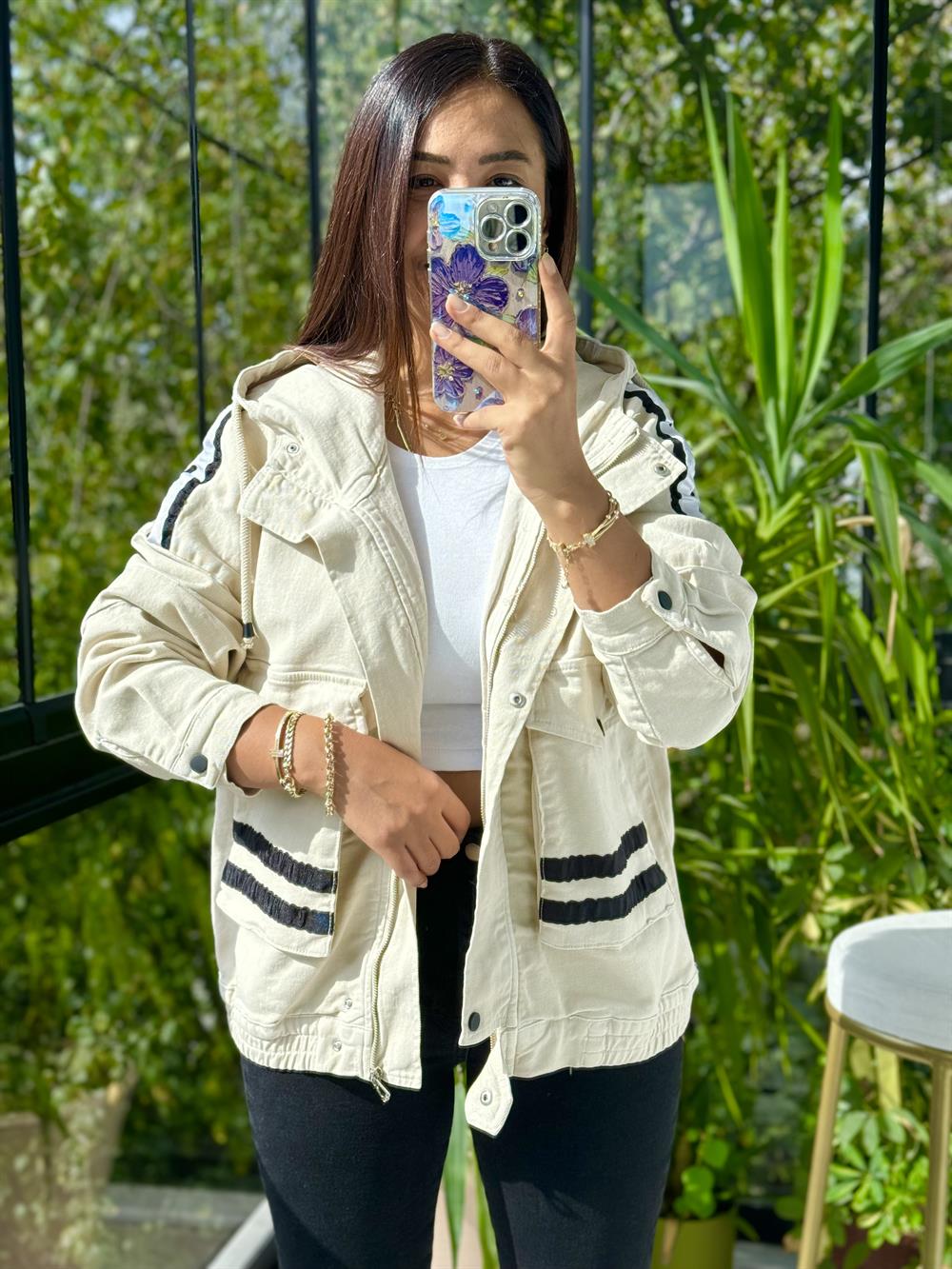 Şeritli Gabardin Ceket Taş