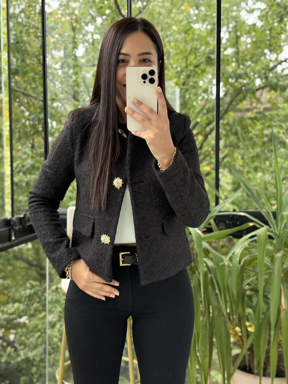 Kısa Gold Düğme Yün Ceket Siyah