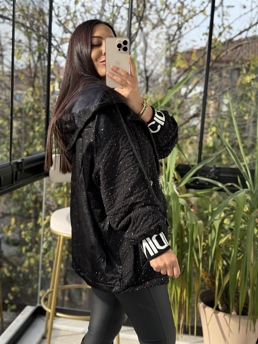 İthal Kalın Fermuarlı Trenç Siyah