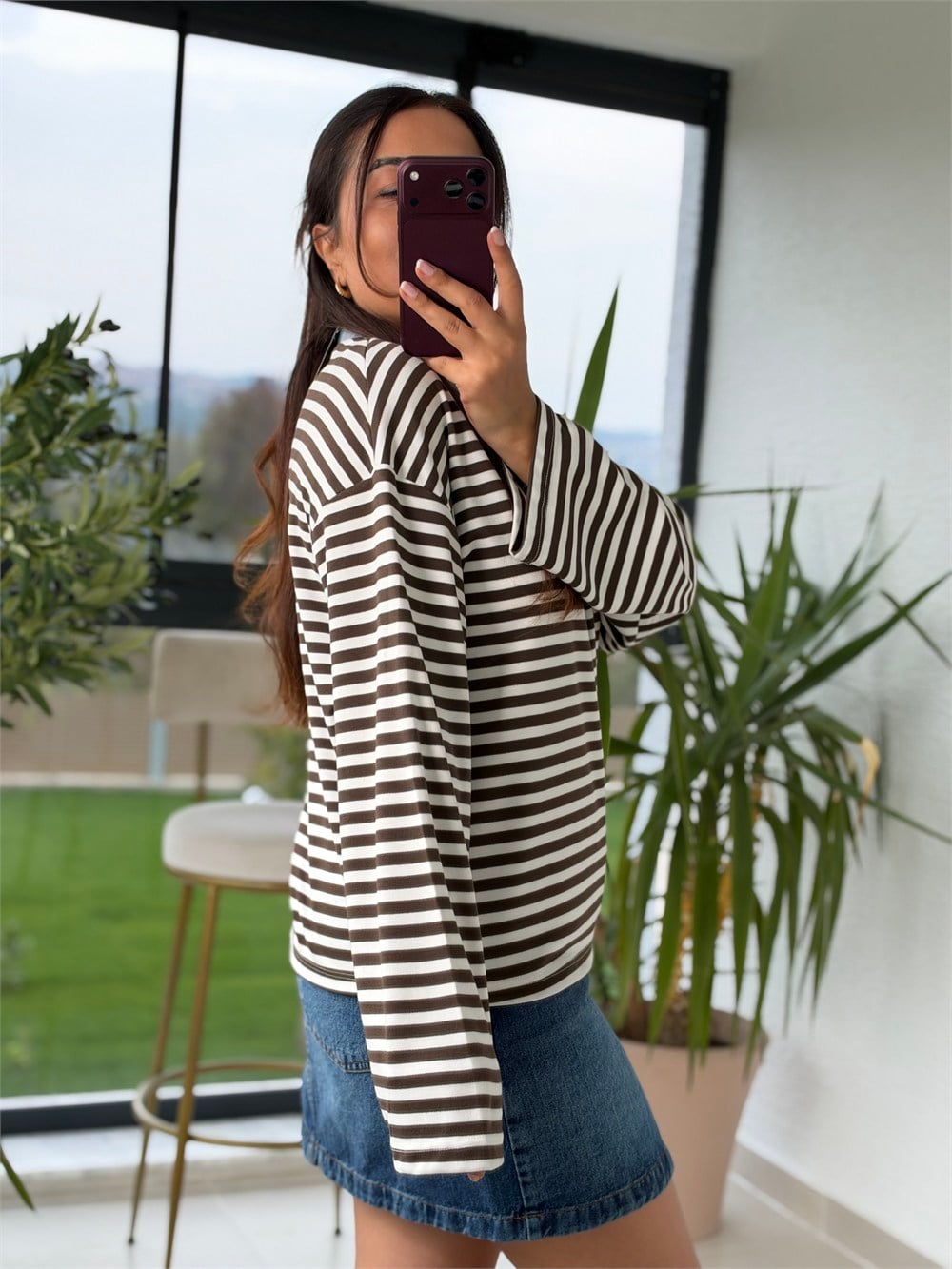 Biyeli Çizgili Sweatshirt Kahve