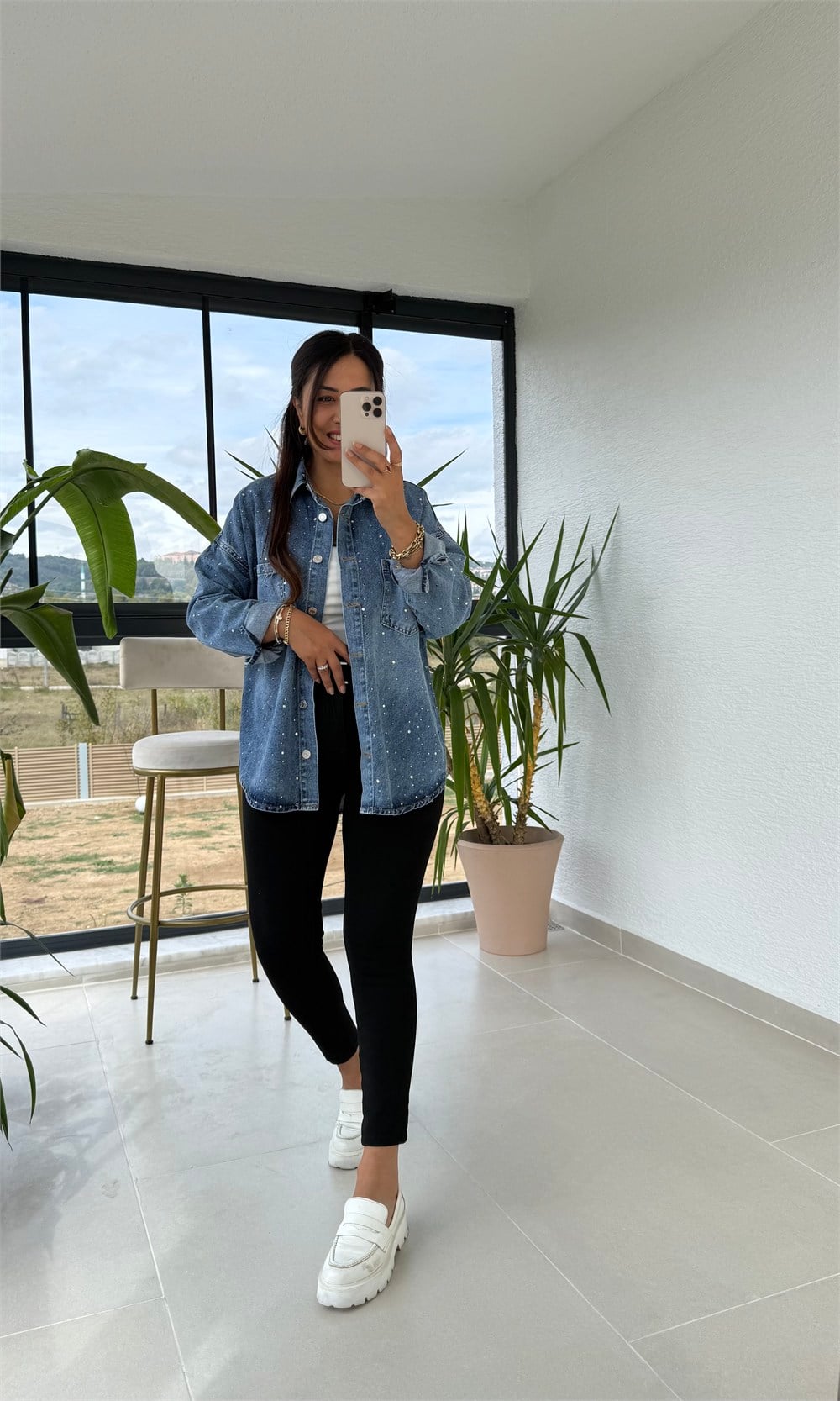 Zra Model Taşlı Denim Gömlek Mavi