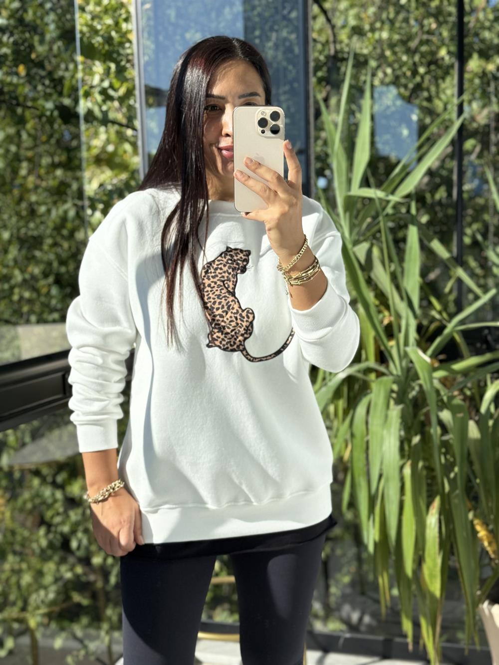 Kaplanlı Sweatshirt Beyaz