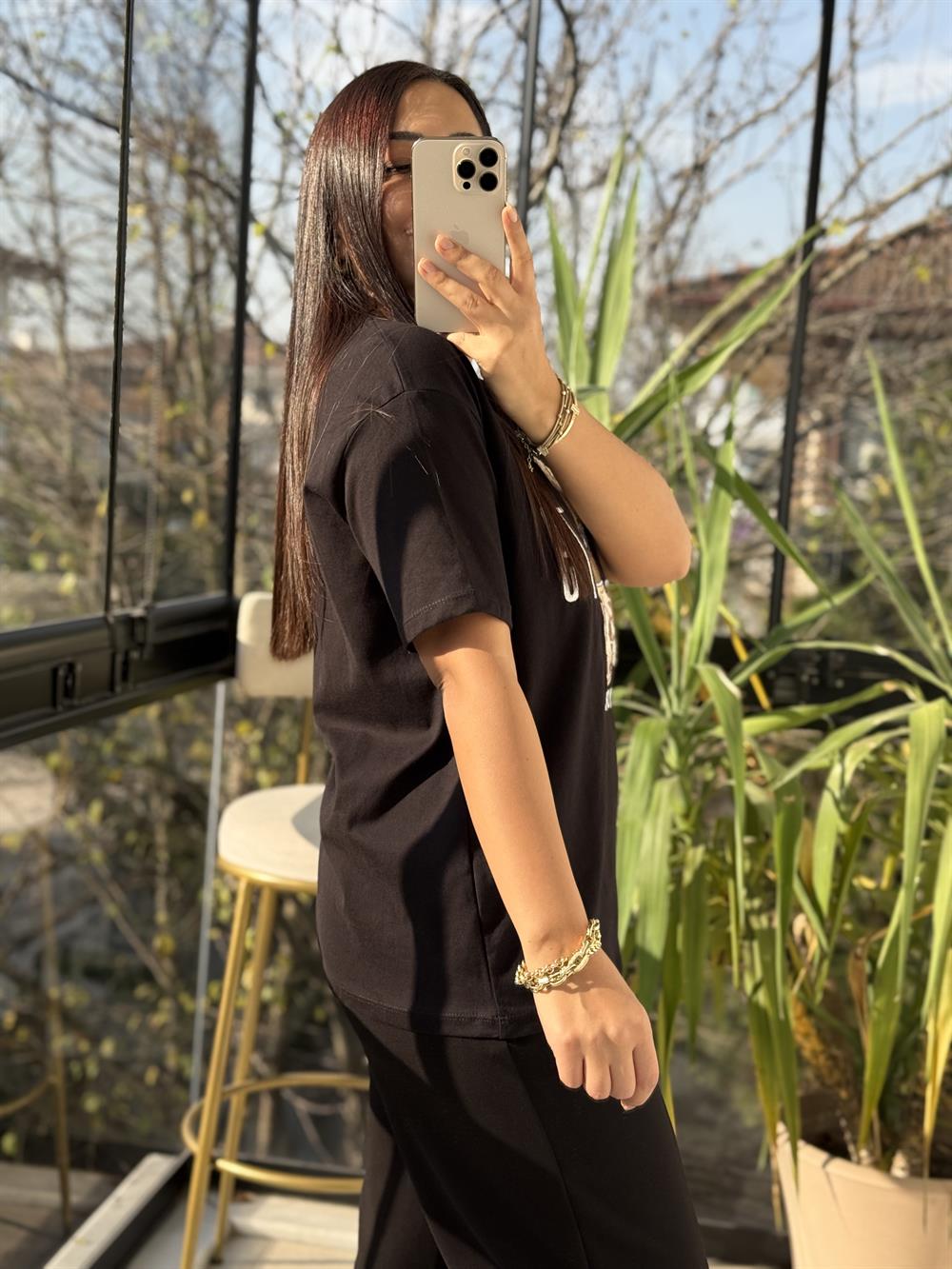 Newyork Yazılı İşlemeli Basic Tişört Siyah