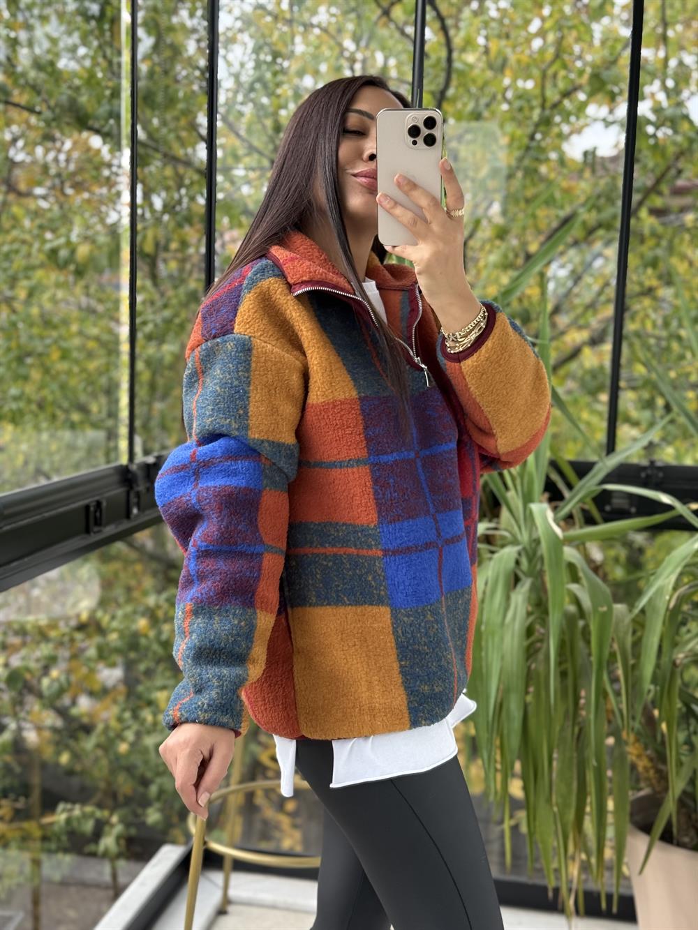 Desenli Fermuarlı Polar Sweat Bordo