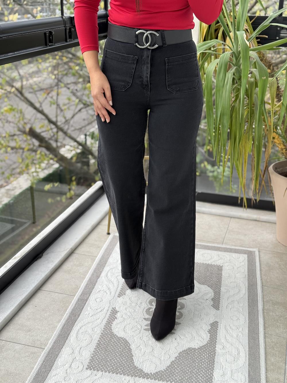 Ön Cep Detaylı Palazzo Jean Füme